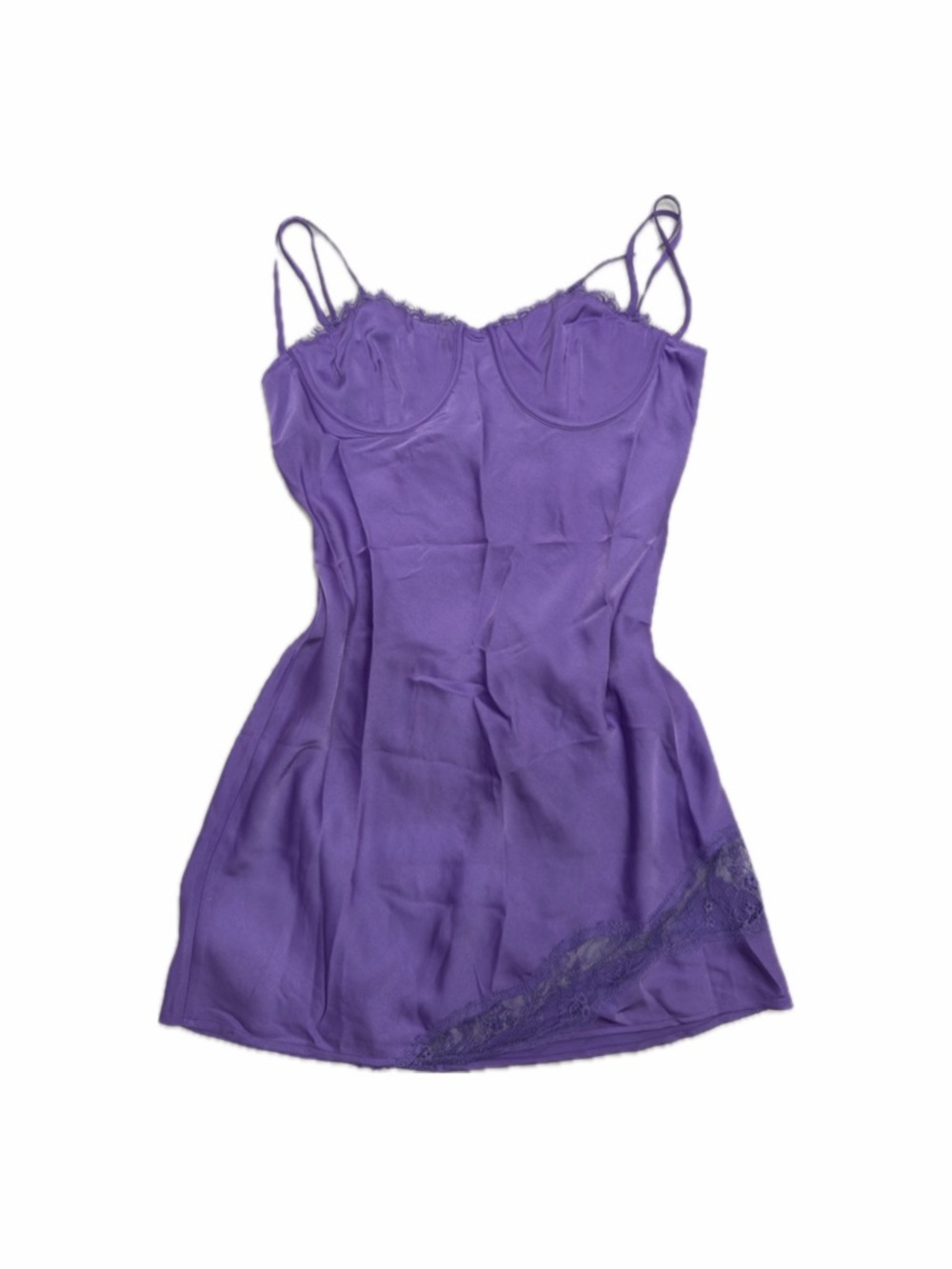 Meshki Purple Satin Slip Dress with Lace Trim